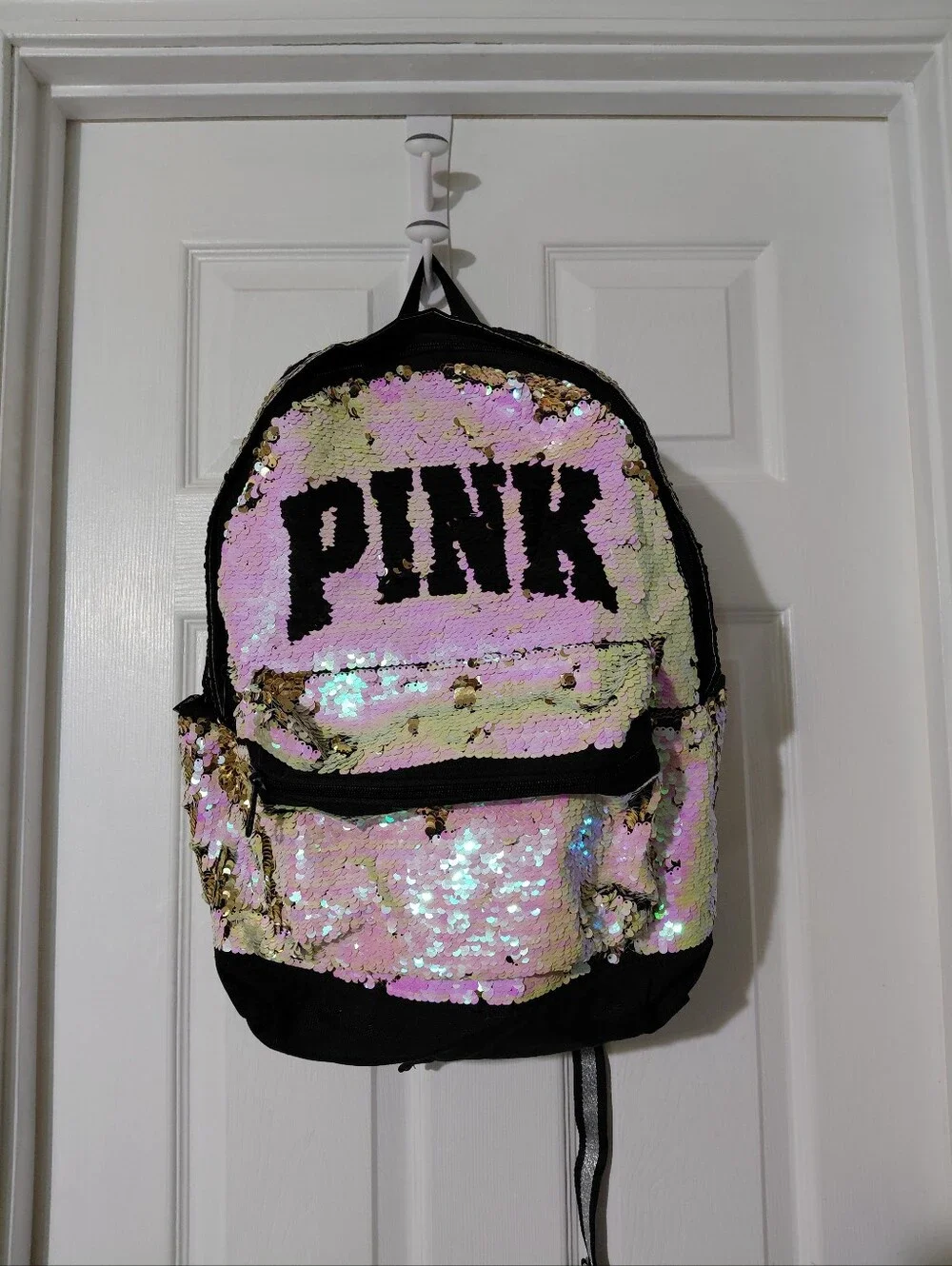 Victoria's Secret Pink Gold Black Iridescent Flip Sequin Bling Campus Backpack